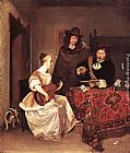 Gerard Ter Borch Canvas Paintings - A Young Woman Playing a Theorbo to Two Men